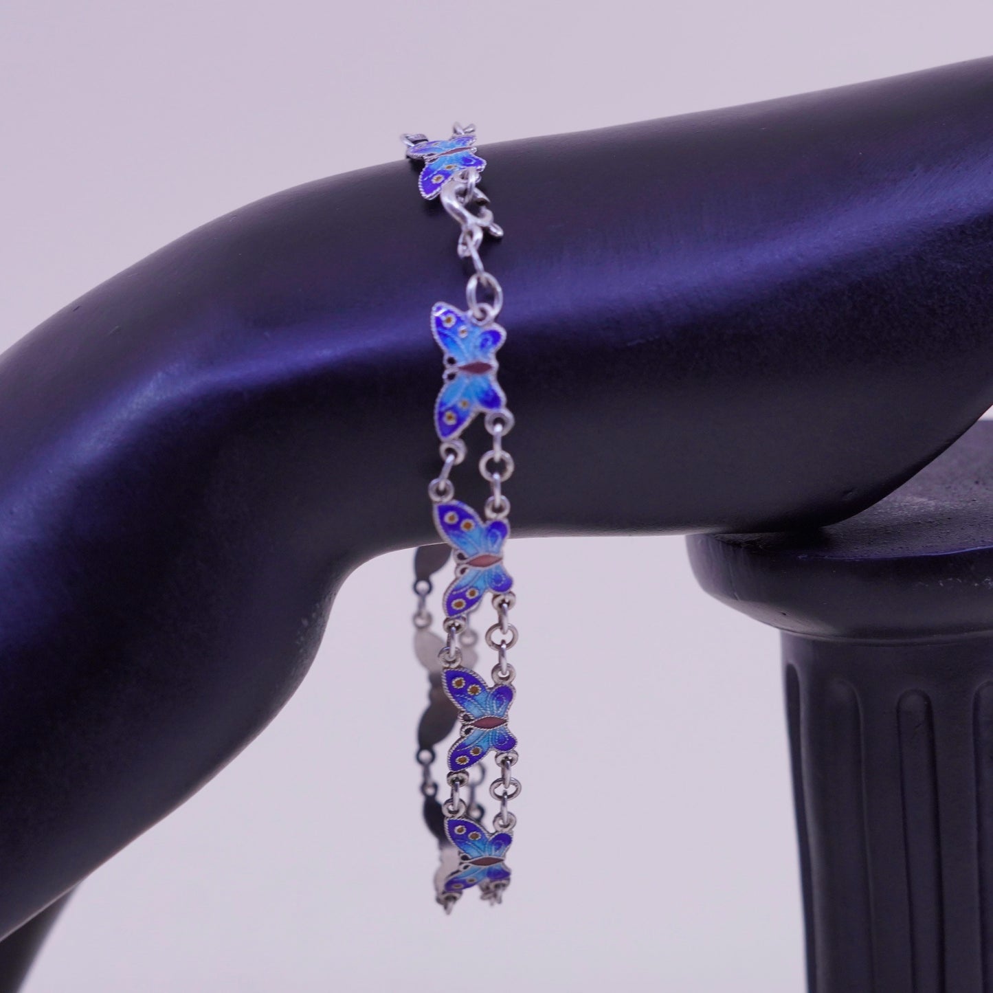 7.75” mexico handmade sterling 925 silver tennis bracelet blue enamel butterfly
