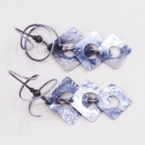 Vintage Sterling Silver Handmade Earrings, 925 Silver Swirl Whirly Dangles