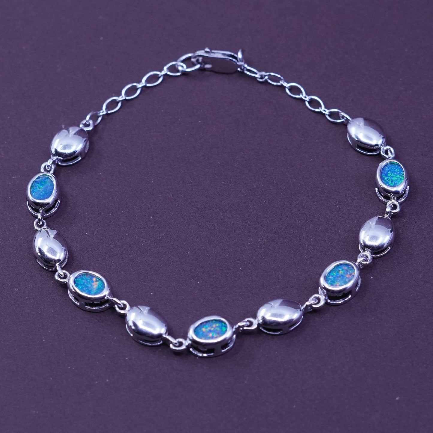 7”, vintage Sterling silver handmade tennis bracelet, 925 chain with opal