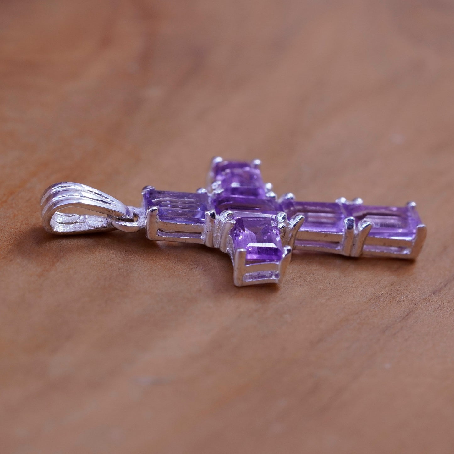 Vintage Sterling silver handmade pendant, 925 cross with Violet Cz, Christian