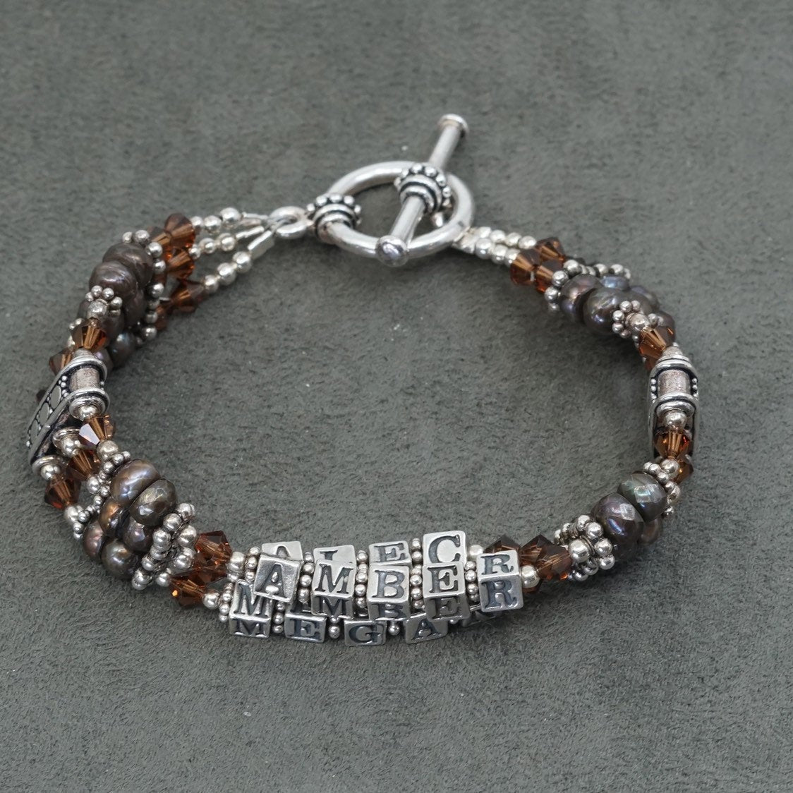 6.75", VTG Sterling silver handmade bracelet w/ crystal beads amber Alec, Megan