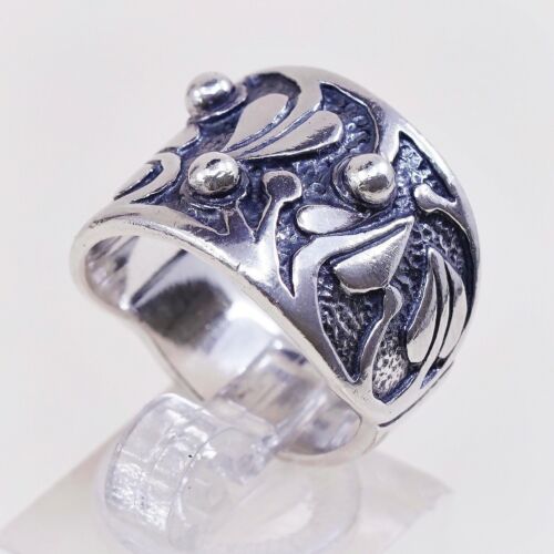 Sz 7.25, Silpada 925 Sterling Silver Handmade Band Ring Embossed Leaves N Beads