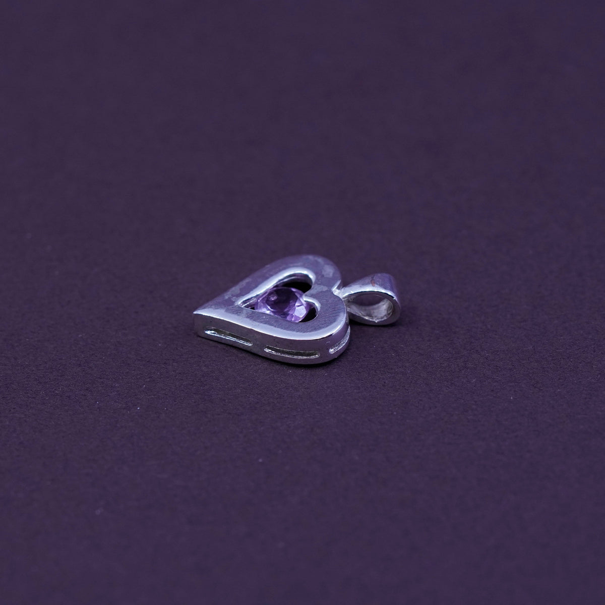 Vintage Sterling silver handmade pendant, 925 heart with amethyst