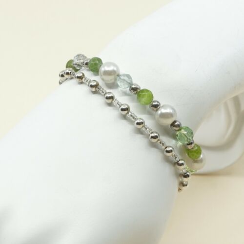 6.25”, Vtg Sterling 925 Silver Handmade Bead Bracelet W/ Pearl N Green Crustal