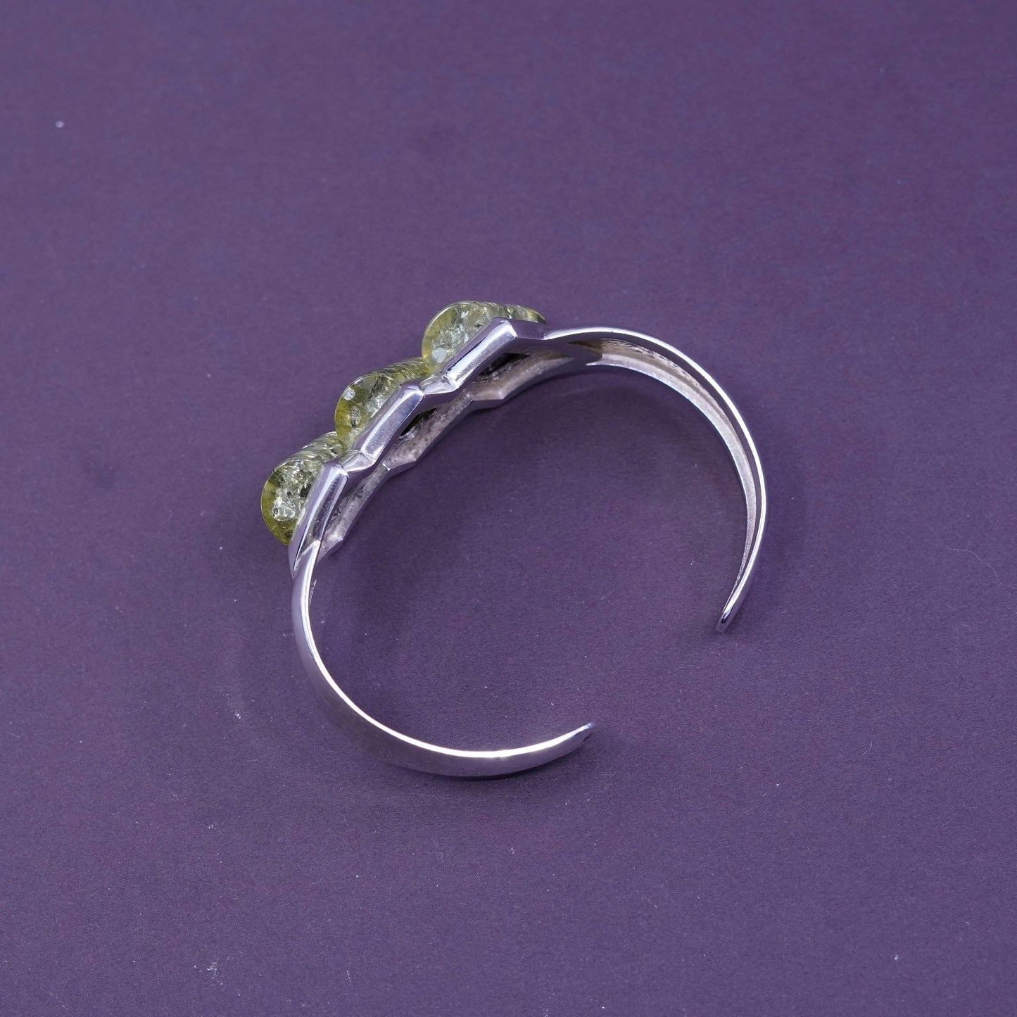 6.5”, Sterling silver handmade bracelet, statement 925 cuff with green Amber