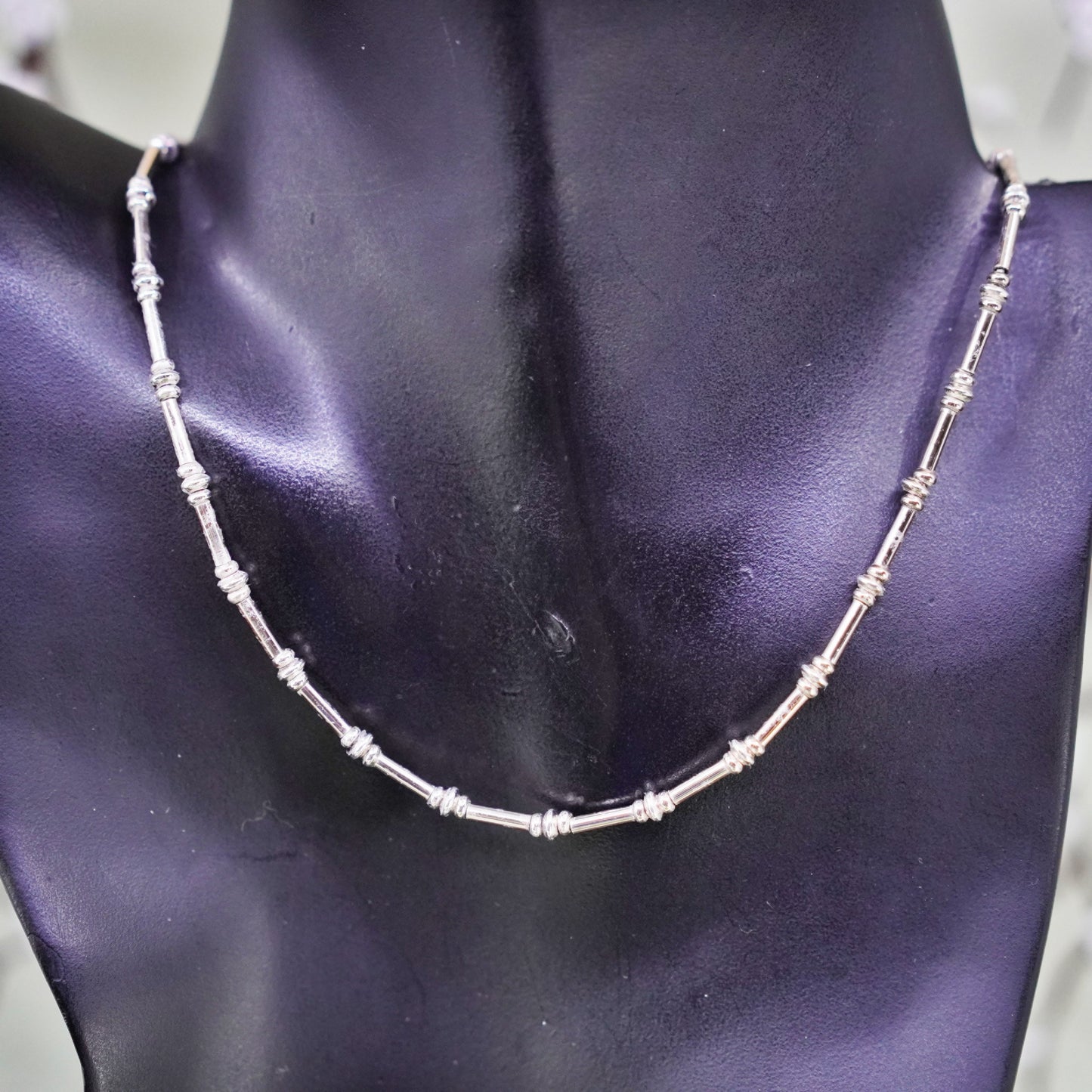 16”, 2mm, Vintage sterling silver necklace, 925 bar chain with beads