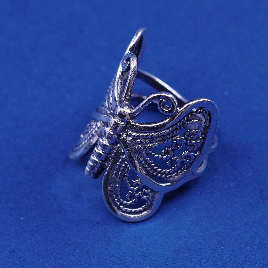 sz 5.5, vtg sterling silver handmade ring, 925 filigree butterfly band