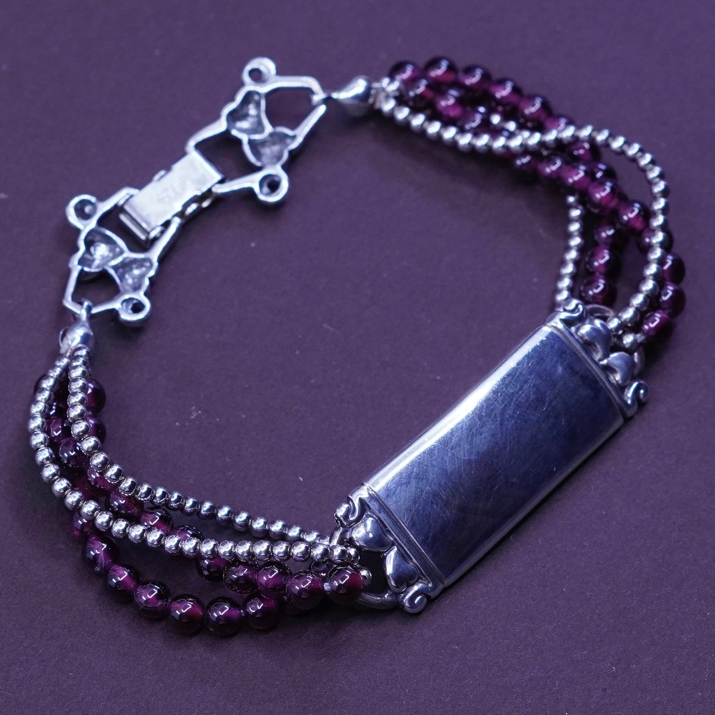6.5”, Shube southwestern handmade Sterling 925 silver bar garnet beads chain