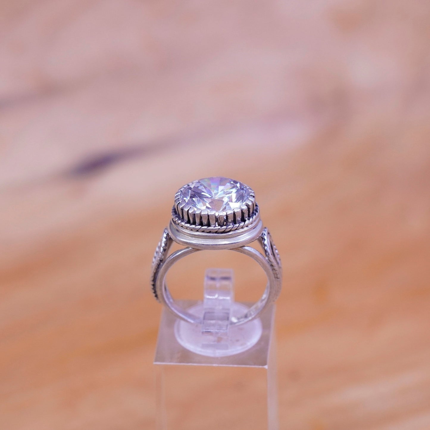 Size 7.75, vintage Sterling silver handmade ring, 925 engagement band with cz