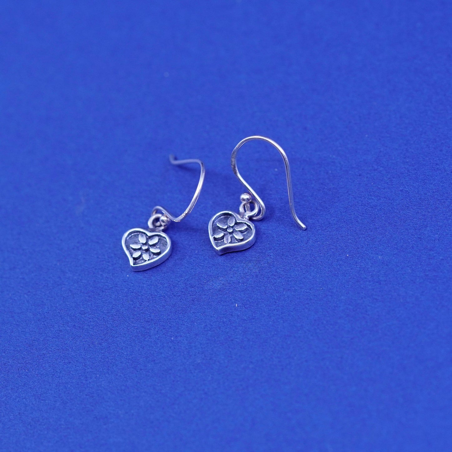 Vintage Sterling silver handmade earrings, 925 heart with flower pattern relief