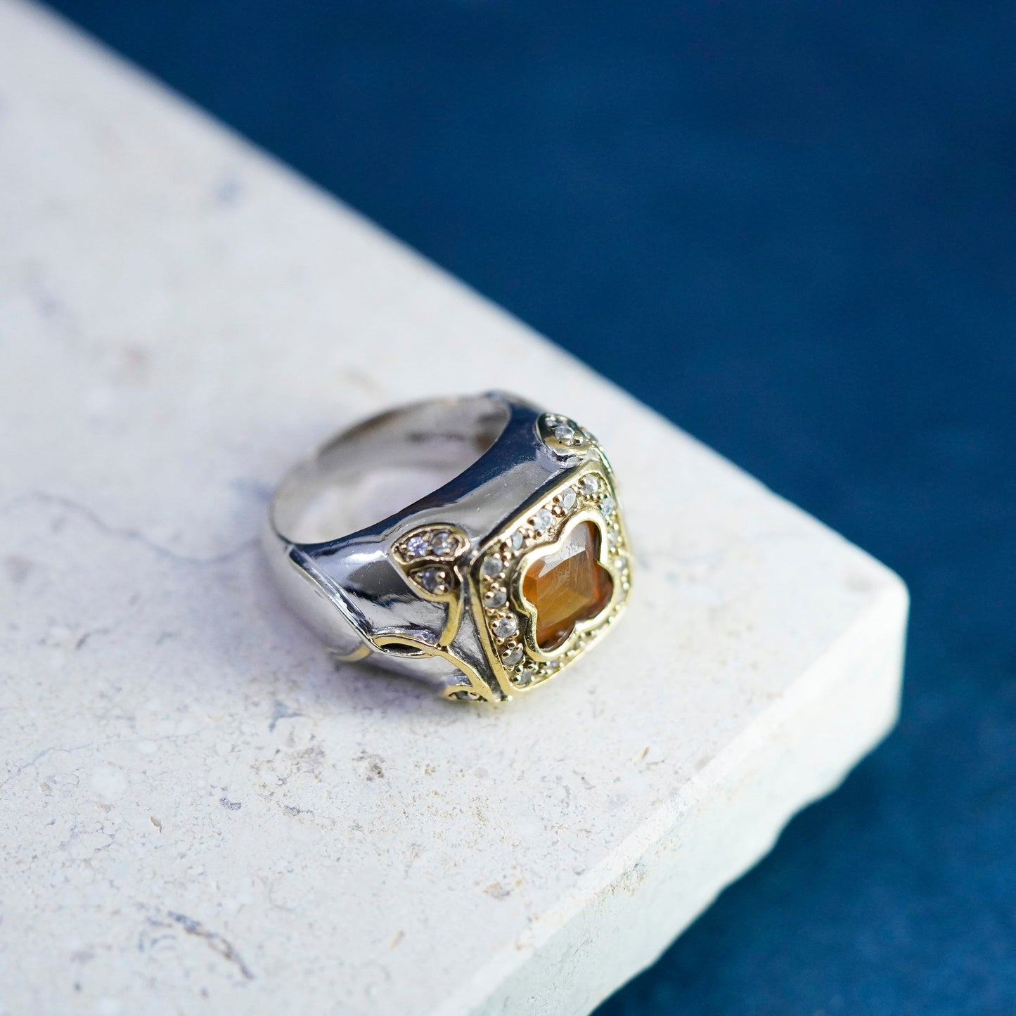 Size 7 vintage two tone Sterling 925 silver statement ring citrine white topaz