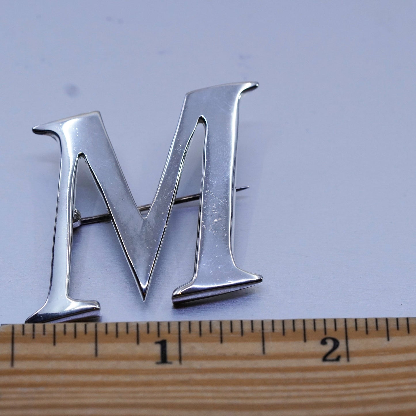 Vintage sterling silver handmade brooch, 925 letter M pin