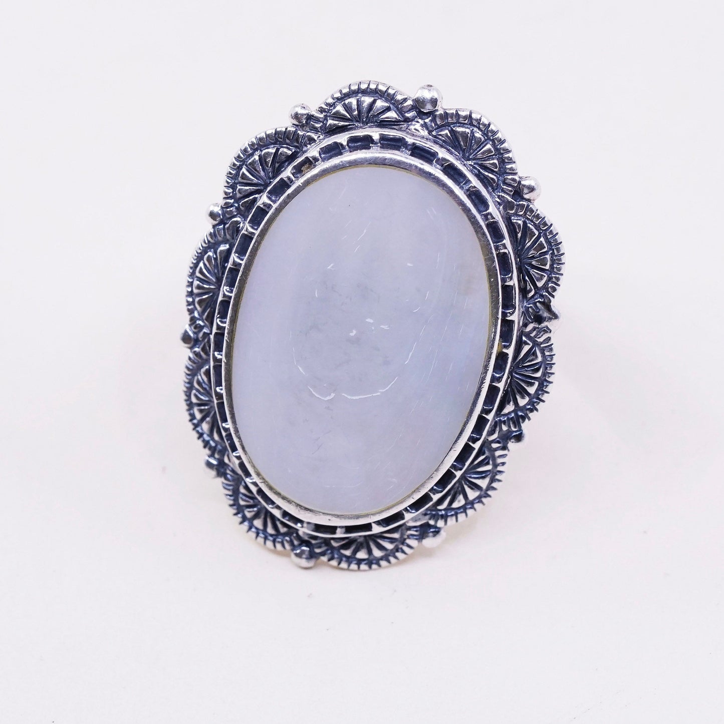 sz 10, vtg CFJ sterling silver handmade w/ opal MOP modern 925 cocktail ring