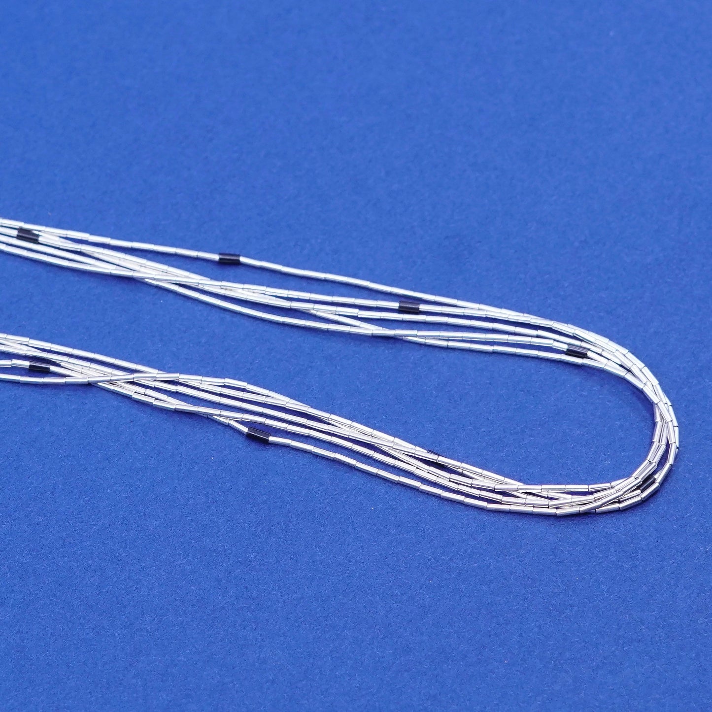 16”, liquid Sterling 925 silver 5 strands necklace, Native American w/ obsidian