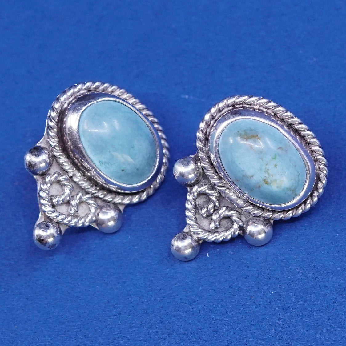 vtg sterling silver handmade earrings, 925 oval studs w/ turquoise N beads