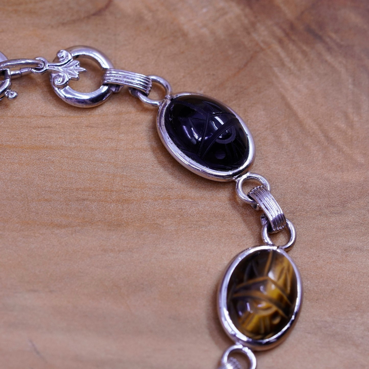 7.25”, sterling 925 silver carved bracelet golden tiger eye jasper carnelian