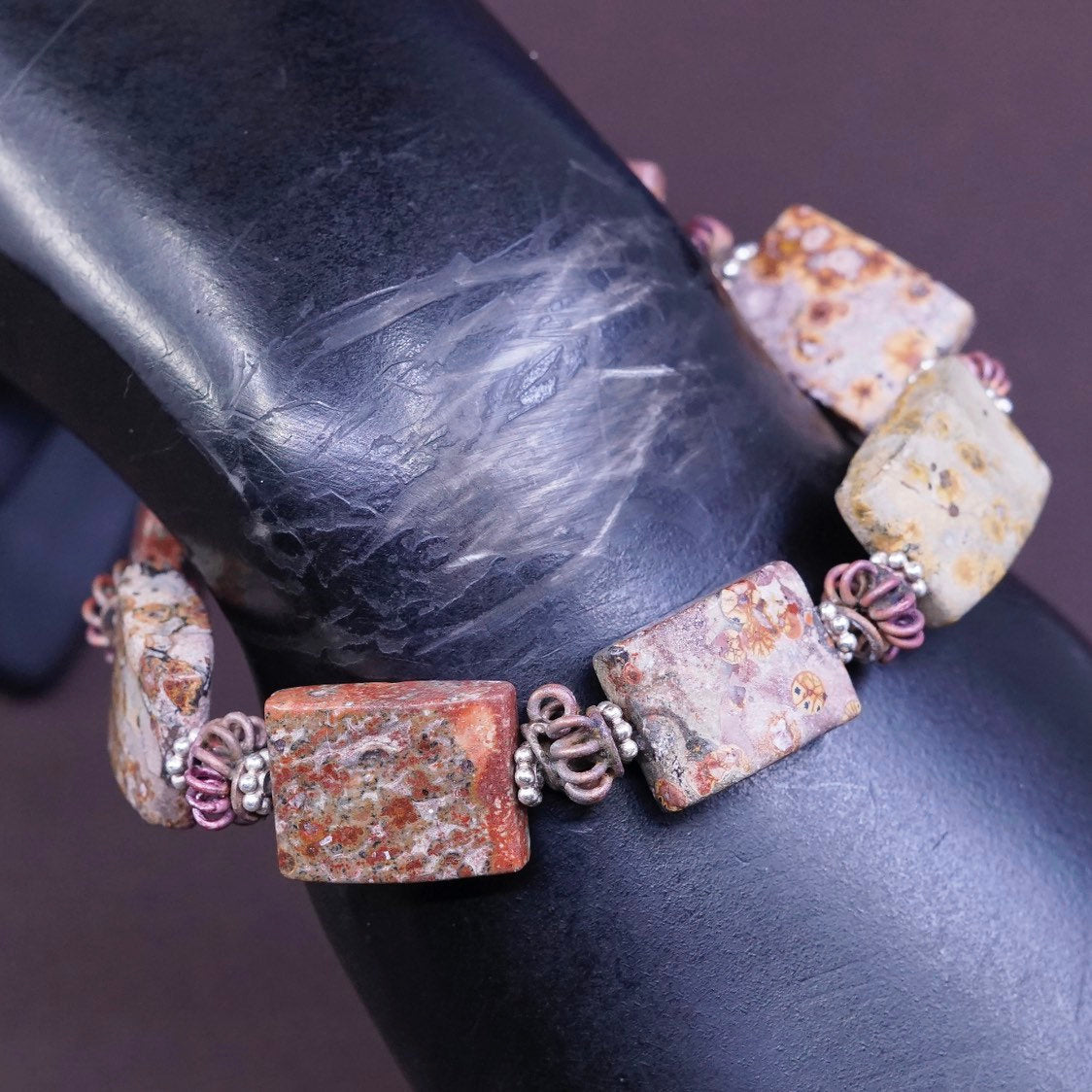 7.75”, vtg Sterling silver handmade chain, 925 beads w/ Jasper nuggets bracelet
