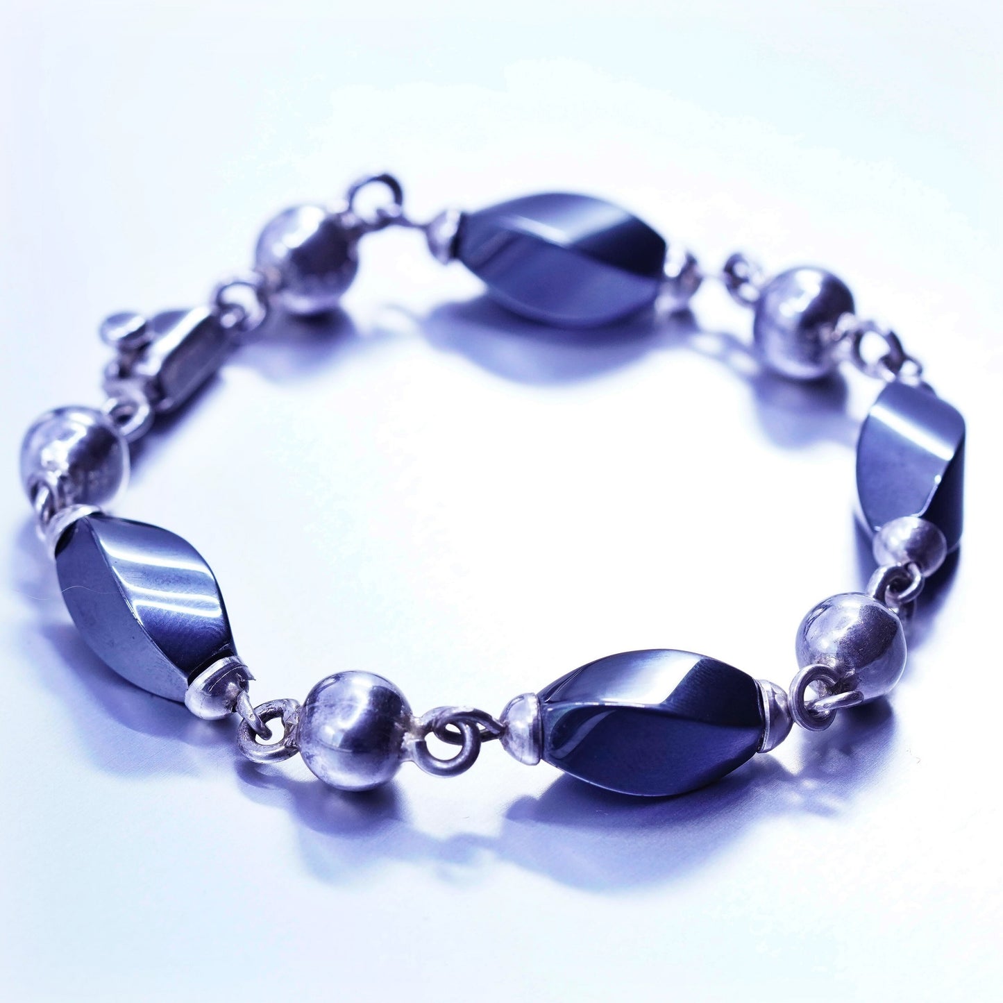 6.5”, vintage Sterling 925 silver handmade bracelet with hematite and beads