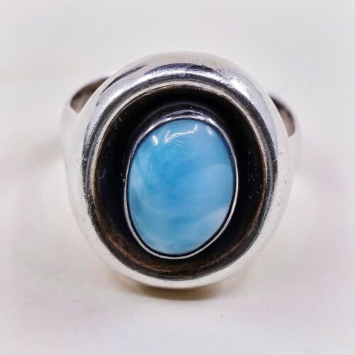 Sz 9.25, Vtg Sterling Silver Handmade Ring, 925 Silver Ring W/ Larimar, Signed