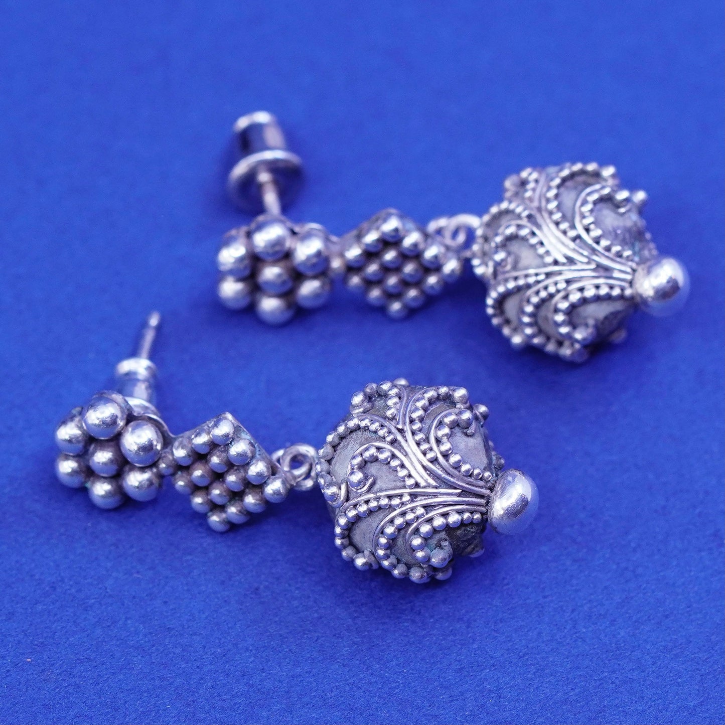 Vintage Sterling silver handmade earrings, bali 925 dangles and beads