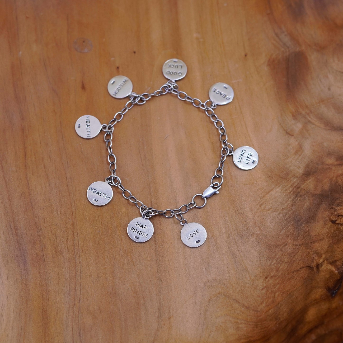 7.5”, Sterling silver charm bracelet, 925 circle chain happiness love good luck