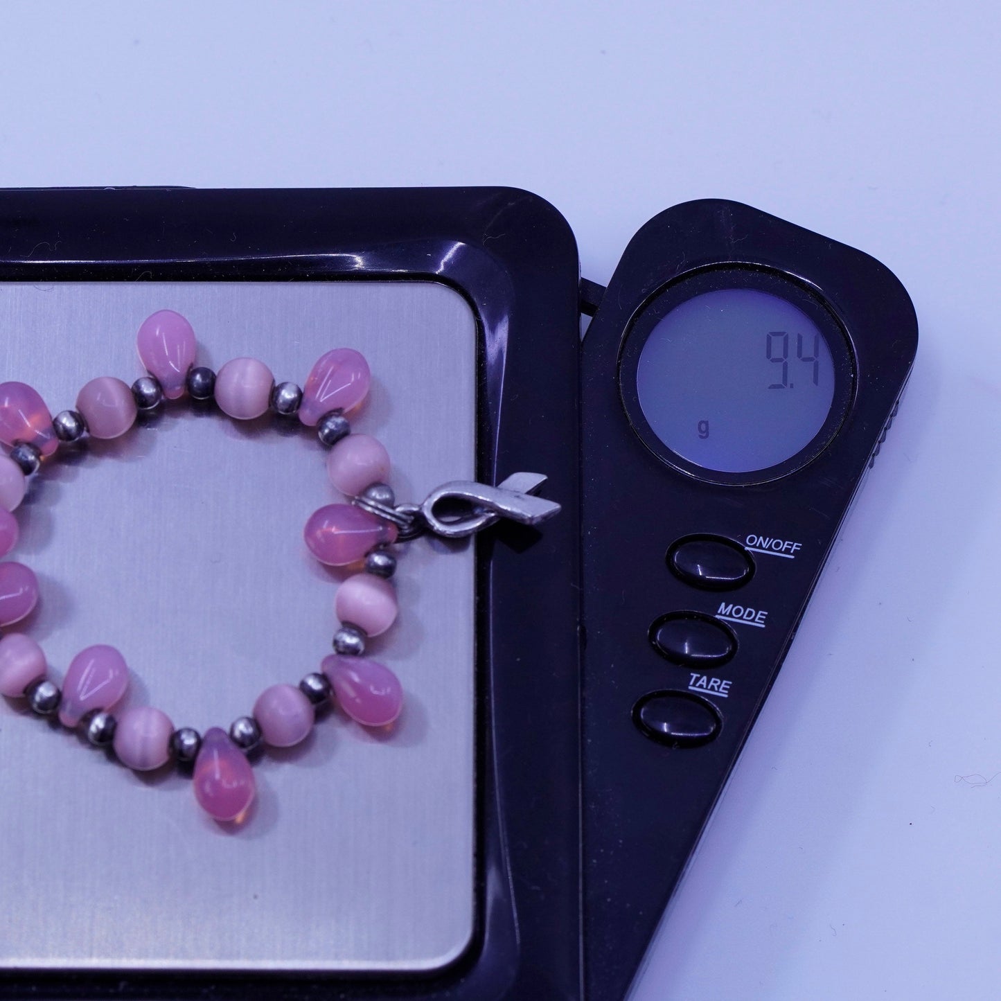 6.5”, Sterling 925 silver bracelet pink cats eye breast cancer ribbon bow tie