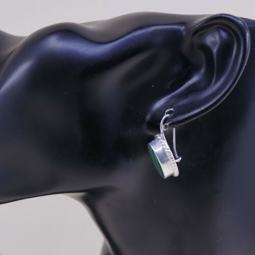 Vtg Mexico handmade Sterling Silver earrings, 925 Oval Malachite Dangles