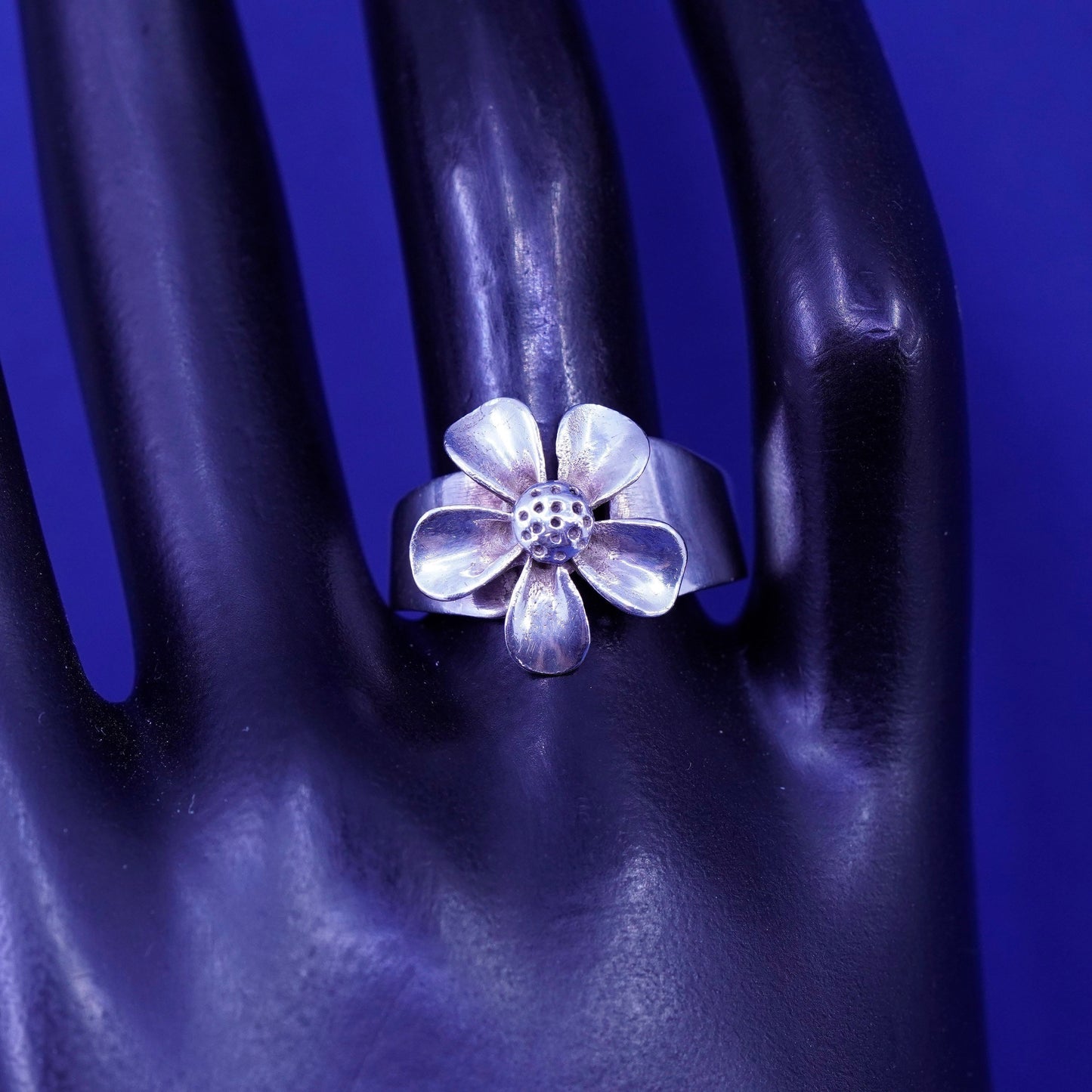 Size adjustable, vintage Sterling silver handmade ring, 925 plumeria flower