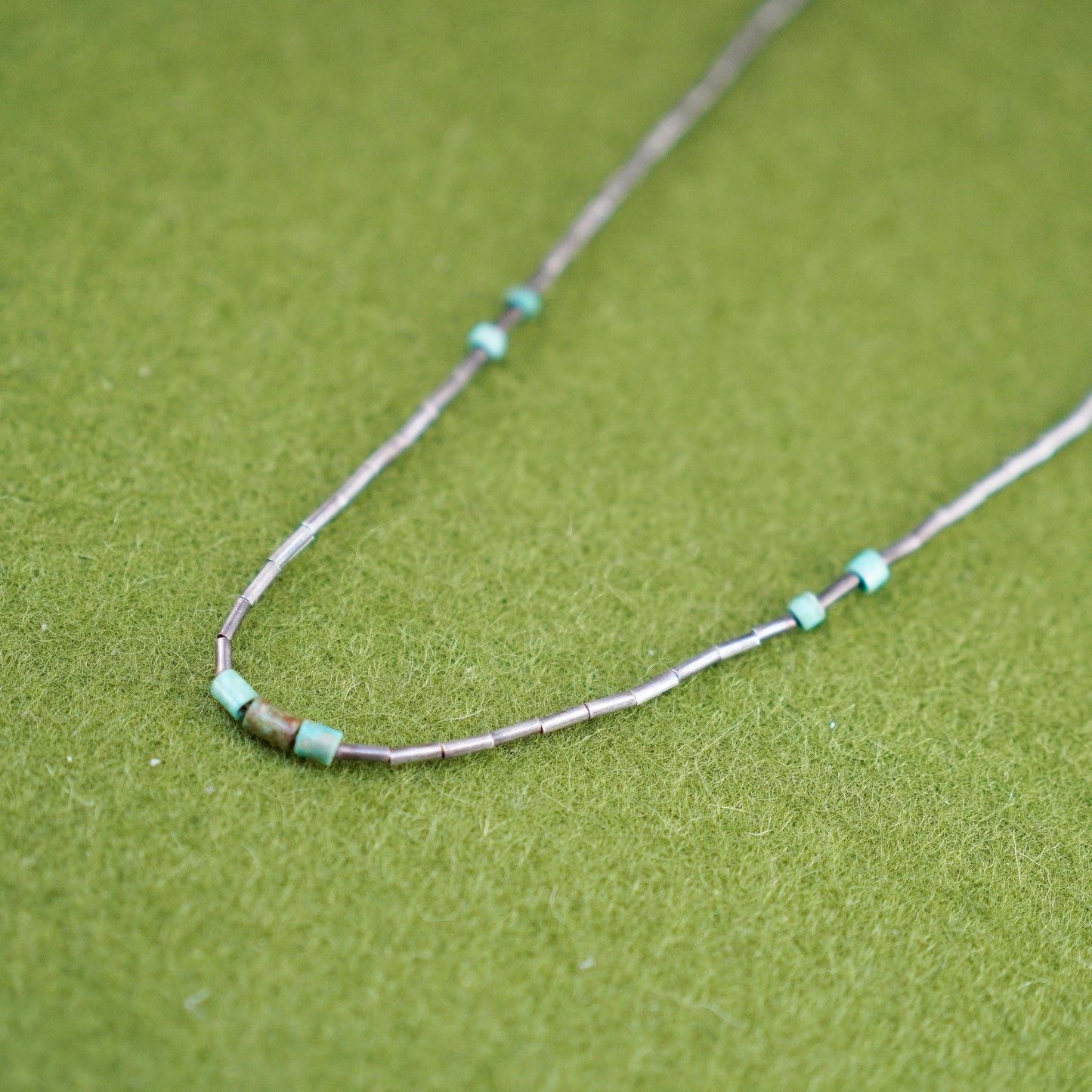 16”, Native American Navajo Sterling necklace 925 liquid silver chain turquoise