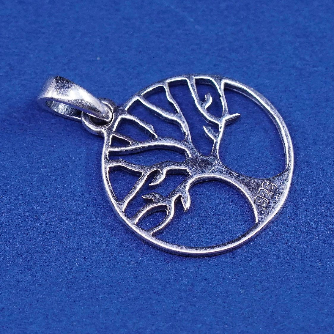 vtg sterling silver handmade pendant, 925 circle w/ filigree tree