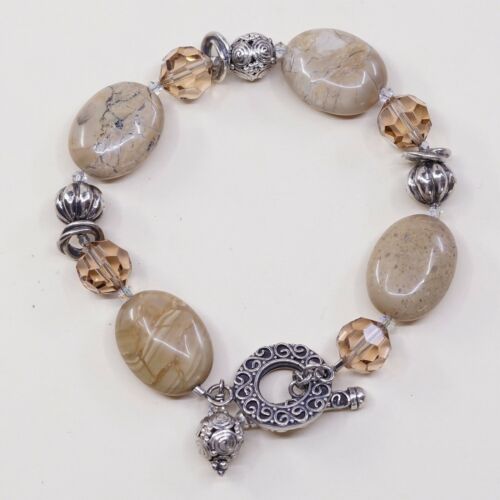 7”, Vtg Sterling Silver Handmade Bracelet 925 W/ Agate Beads N Toggle Closure