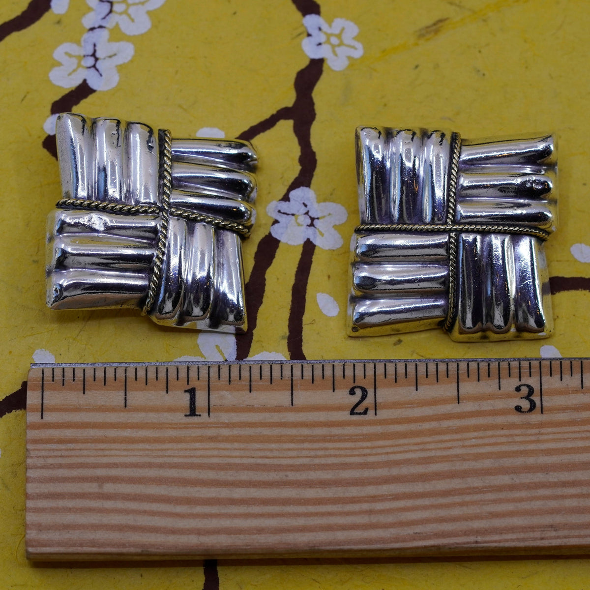 Mexico laton two tone Sterling silver handmade earrings, 925 ribbed clip on
