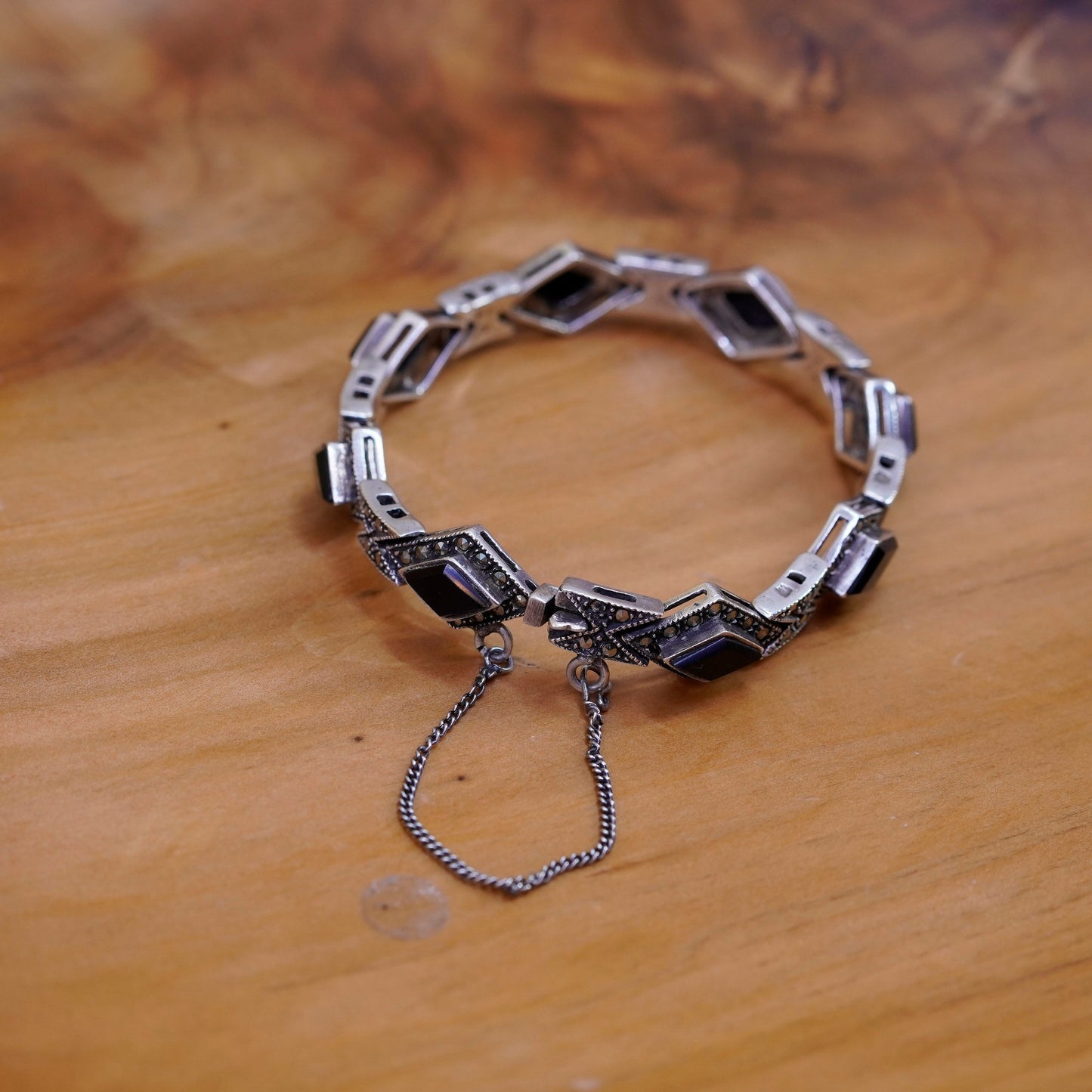 6.75”, Sterling silver handmade bracelet 925 tennis bracelet marcasite obsidian