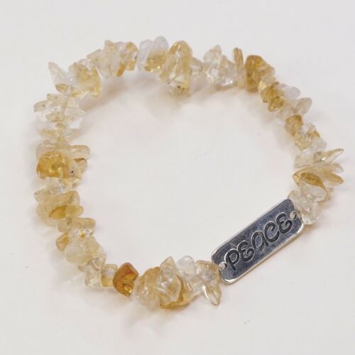 Vtg Elastic Bracelet W/ Sterling 925 Silver Tag Engraved Peace N Citrine Beads