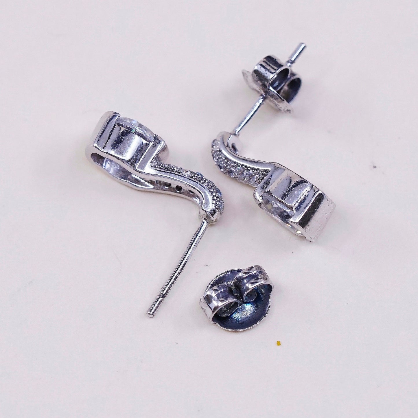 vtg sterling silver cz studs, fashion minimalist earrings, stamped 925, signed