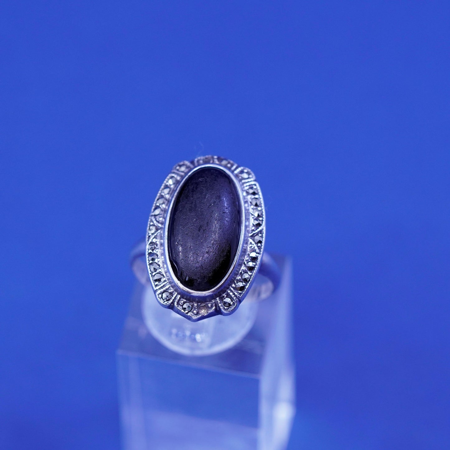 sz 8.25, vtg Sterling 925 silver handmade ring band w/ black onyx and marcasite