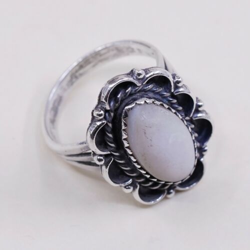 Sz 4.75, Vtg Navajo Sterling Silver Handmade Ring, 925 Silver Band W/ MOP inlay