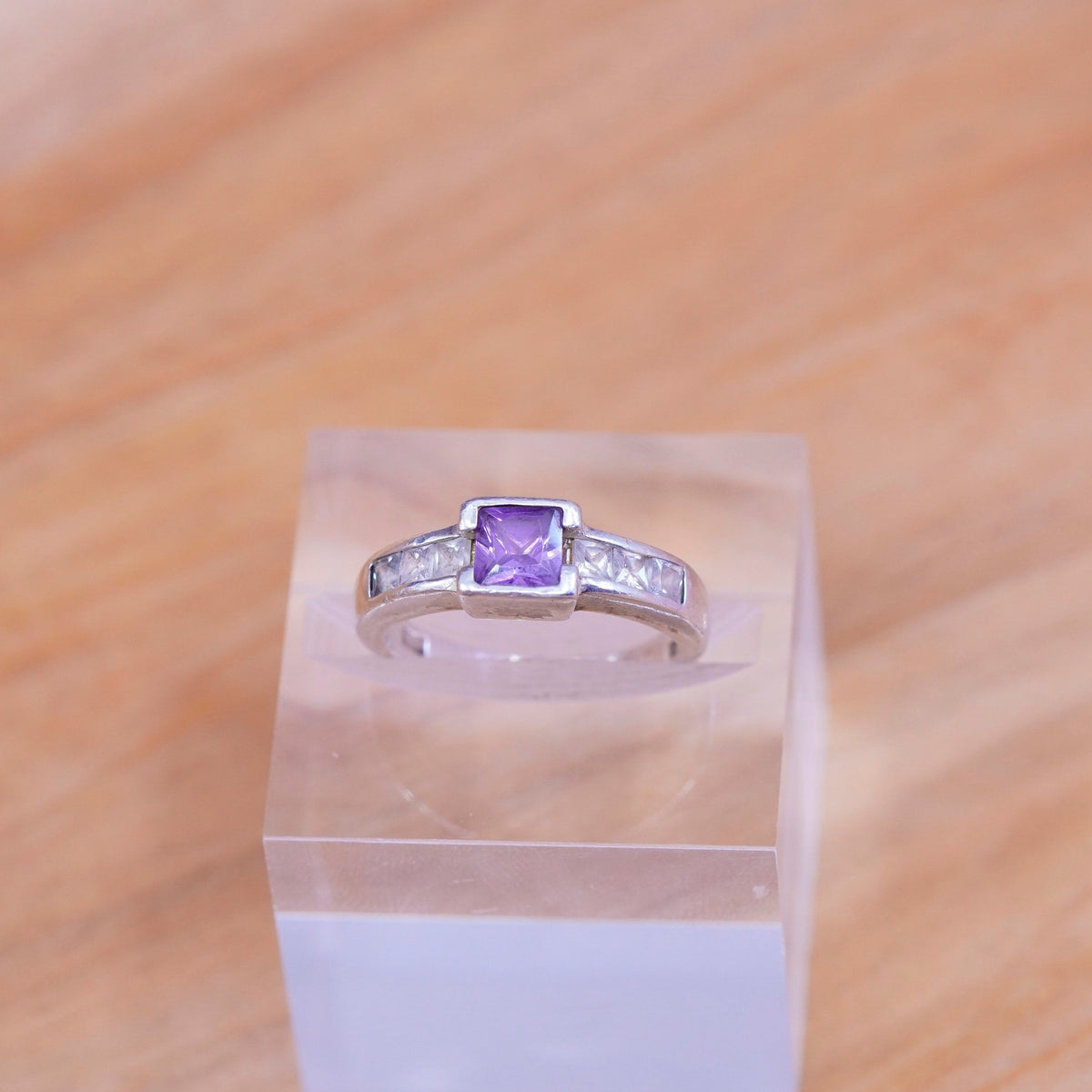 Size 6.75 vintage Sterling 925 silver handmade band ring w/ square amethyst Cz