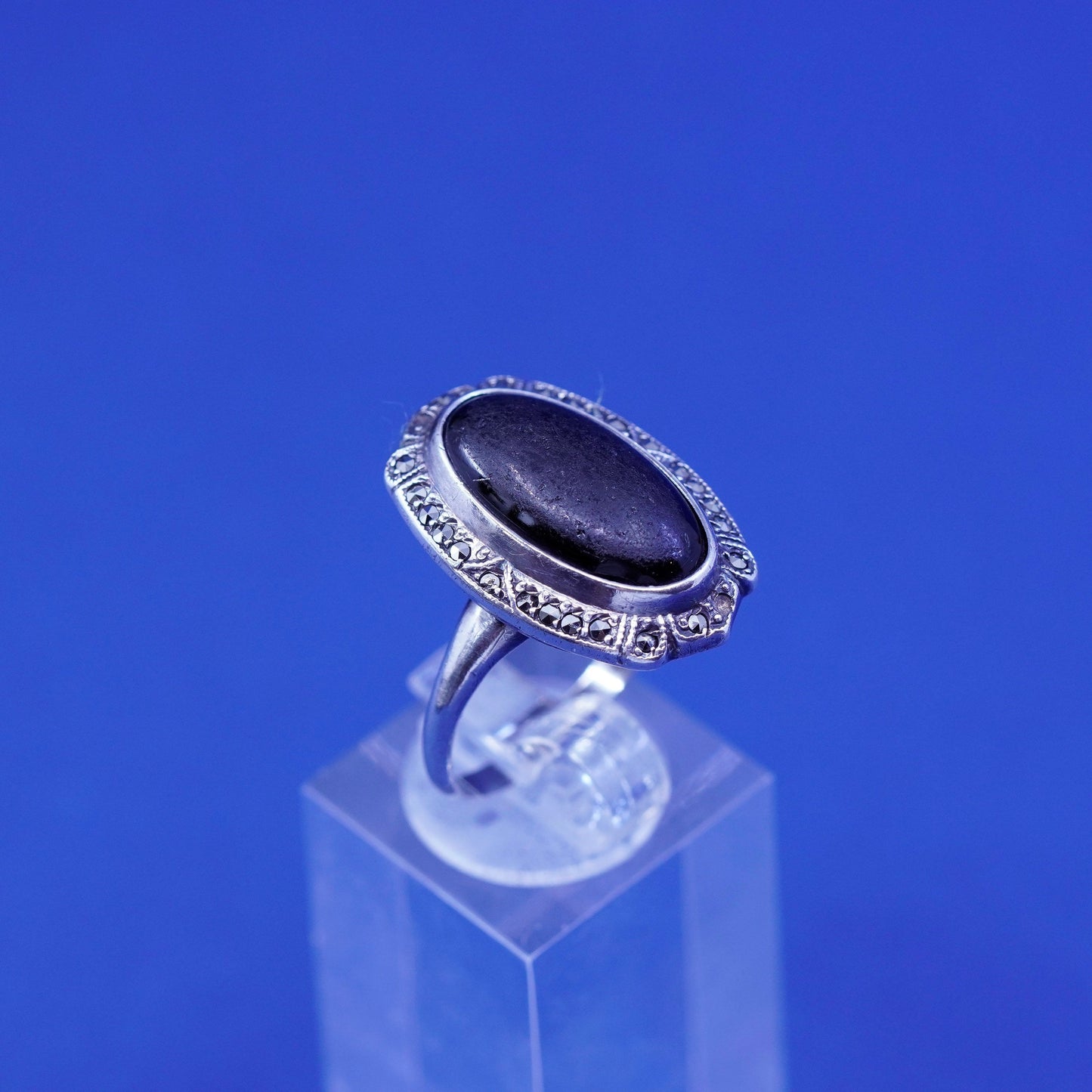 sz 8.25, vtg Sterling 925 silver handmade ring band w/ black onyx and marcasite