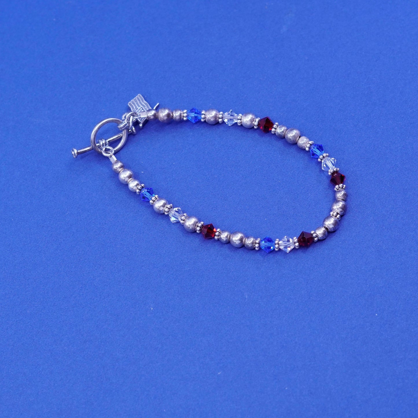 7”, sterling 925 silver handmade beads bracelet w/ crystal American flag charm