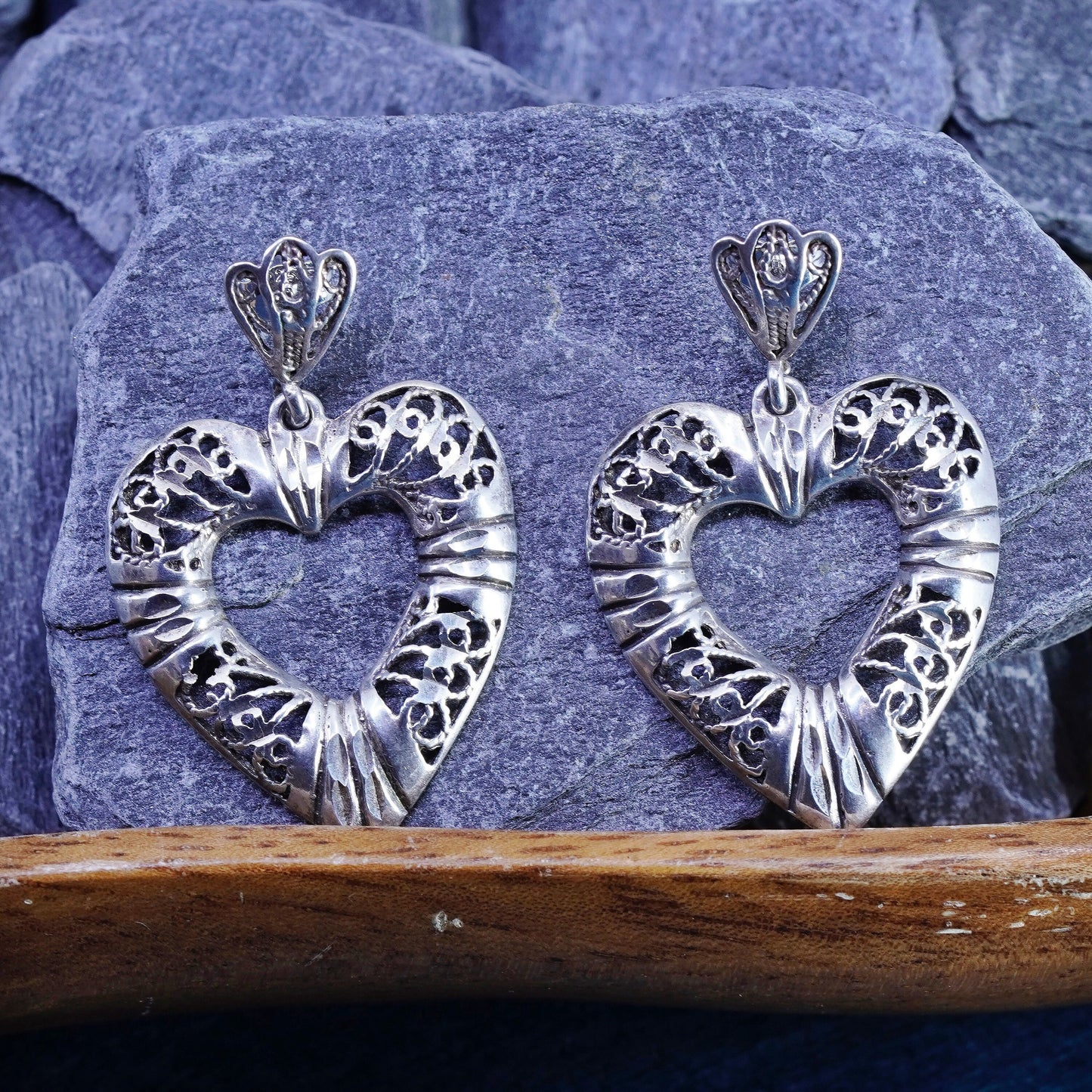 Vintage Sterling silver handmade earrings, 925 Bali filigree heart drops