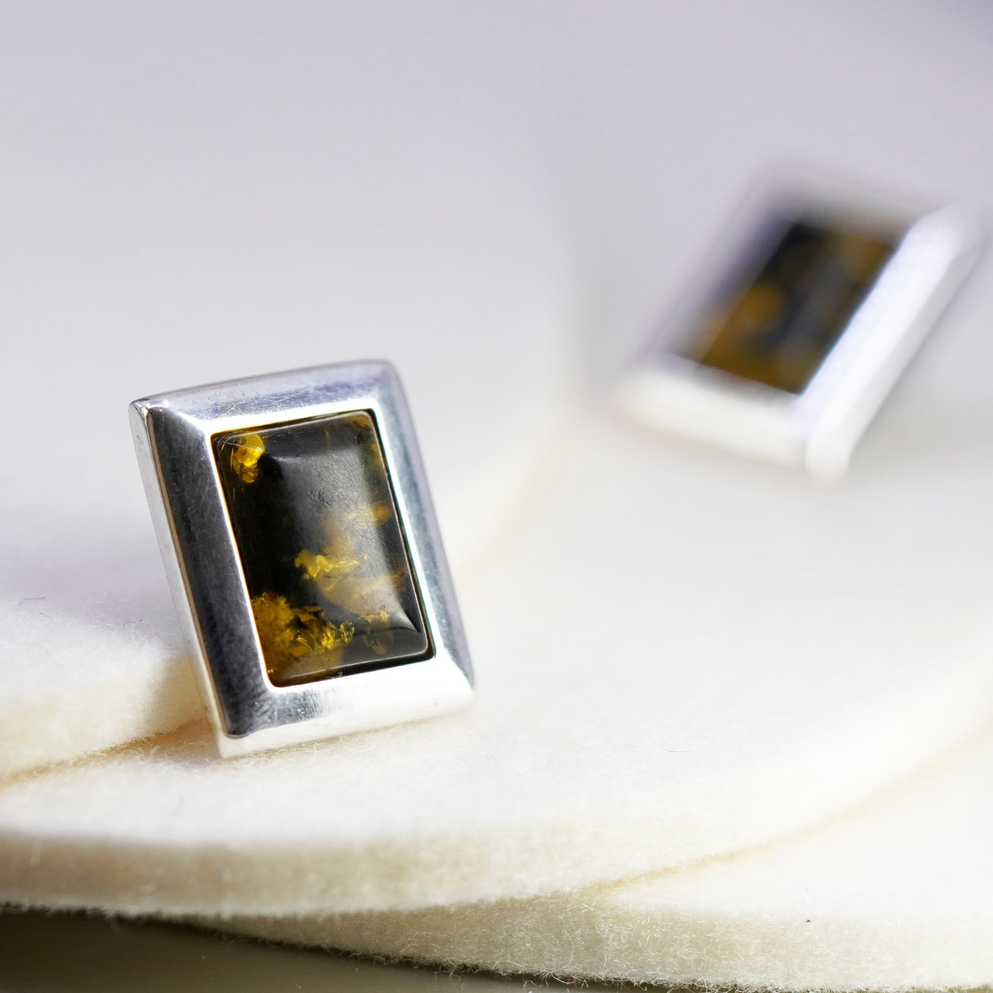 Vintage Sterling 925 silver handmade earrings, rectangular amber studs