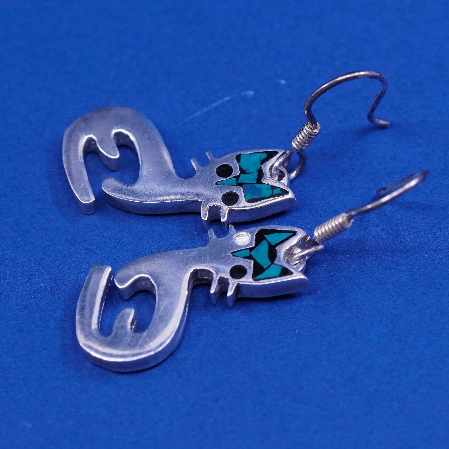 vtg sterling silver handmade earrings, 925 cat dangles w/ malachite