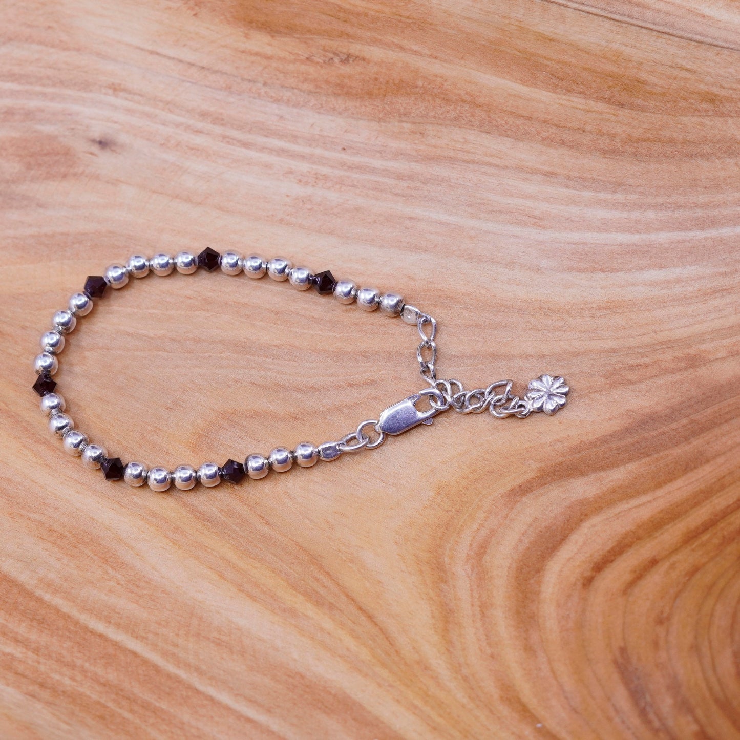 6+1”, vintage Sterling 925 silver beads bracelet with black crystal flower chem
