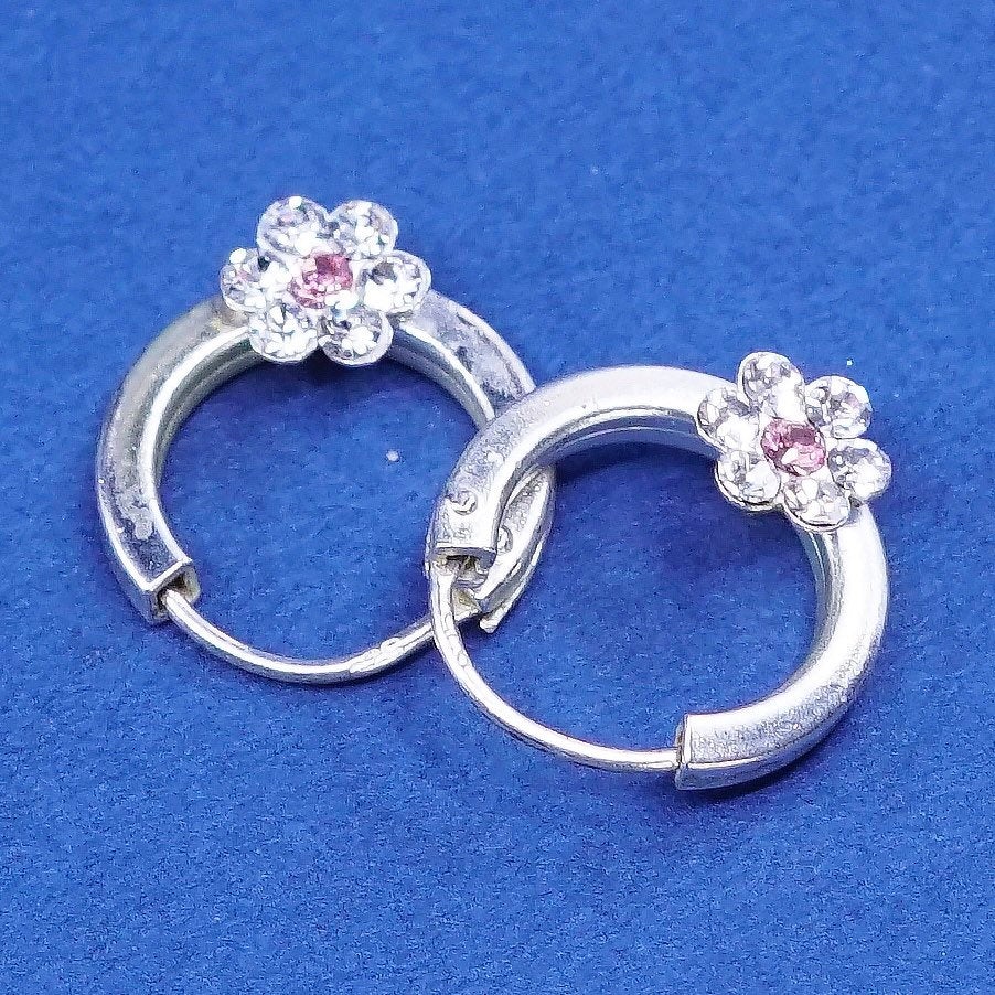 0.5”, vtg Sterling silver earrings, 925 hoops, huggie w/ CZ flower