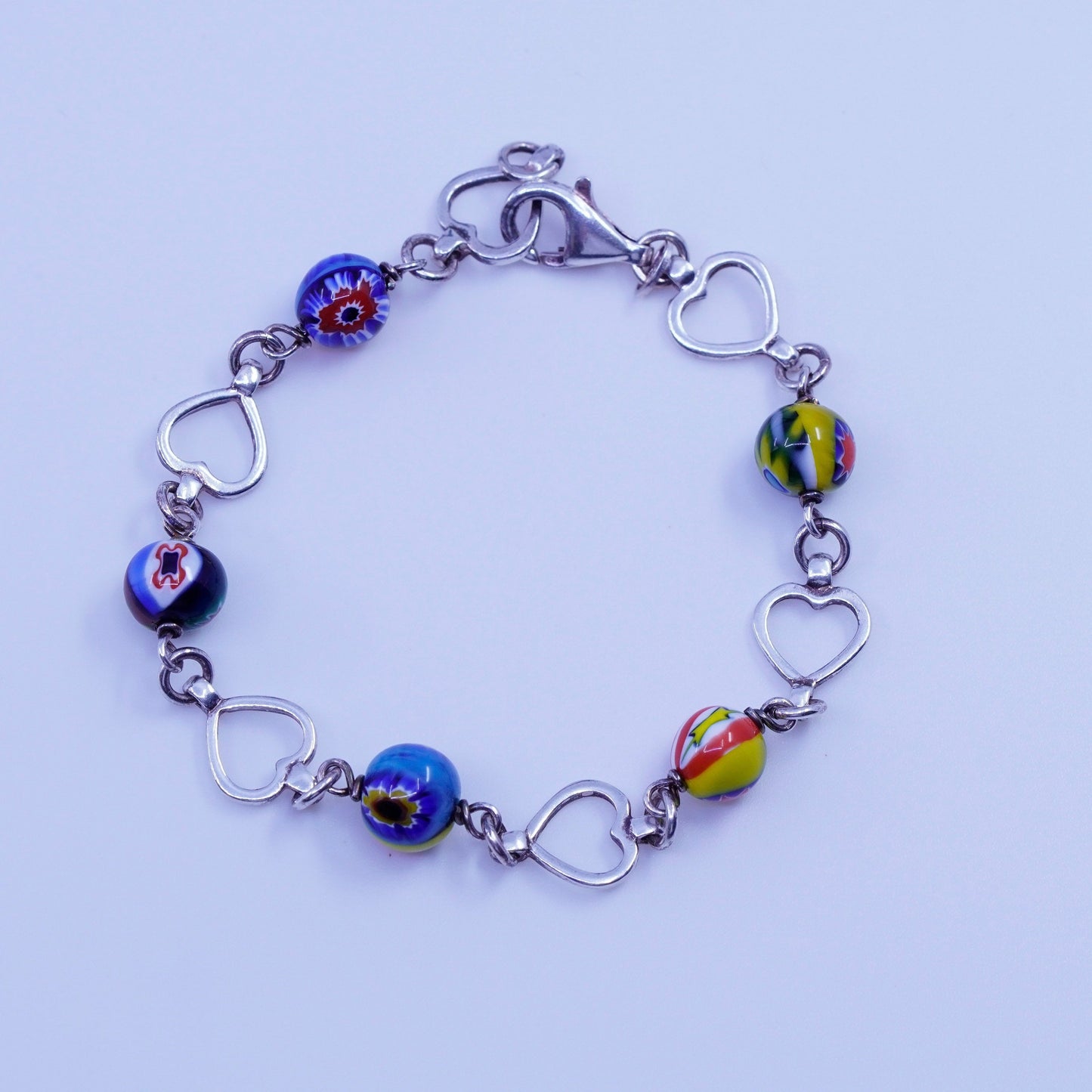 6.25”, jewelry | Sterling 925 silver bracelet, heart chain murano glass beads
