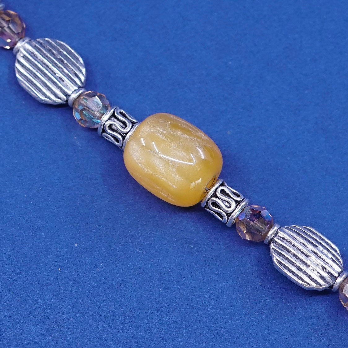 7”, vtg sterling silver handmade bracelet, 925 beads N yellow beads w/ toggle