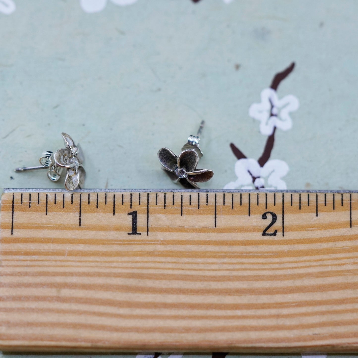 Vintage sterling 925 silver plumeria flower studs with clear cz, earrings