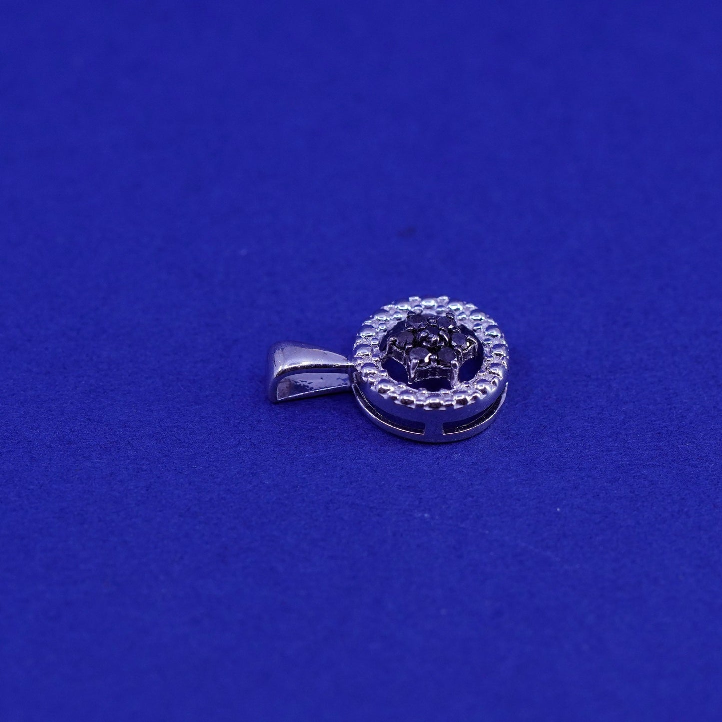 Vintage Sterling silver pendant, 925 circle with genuine clear black diamond