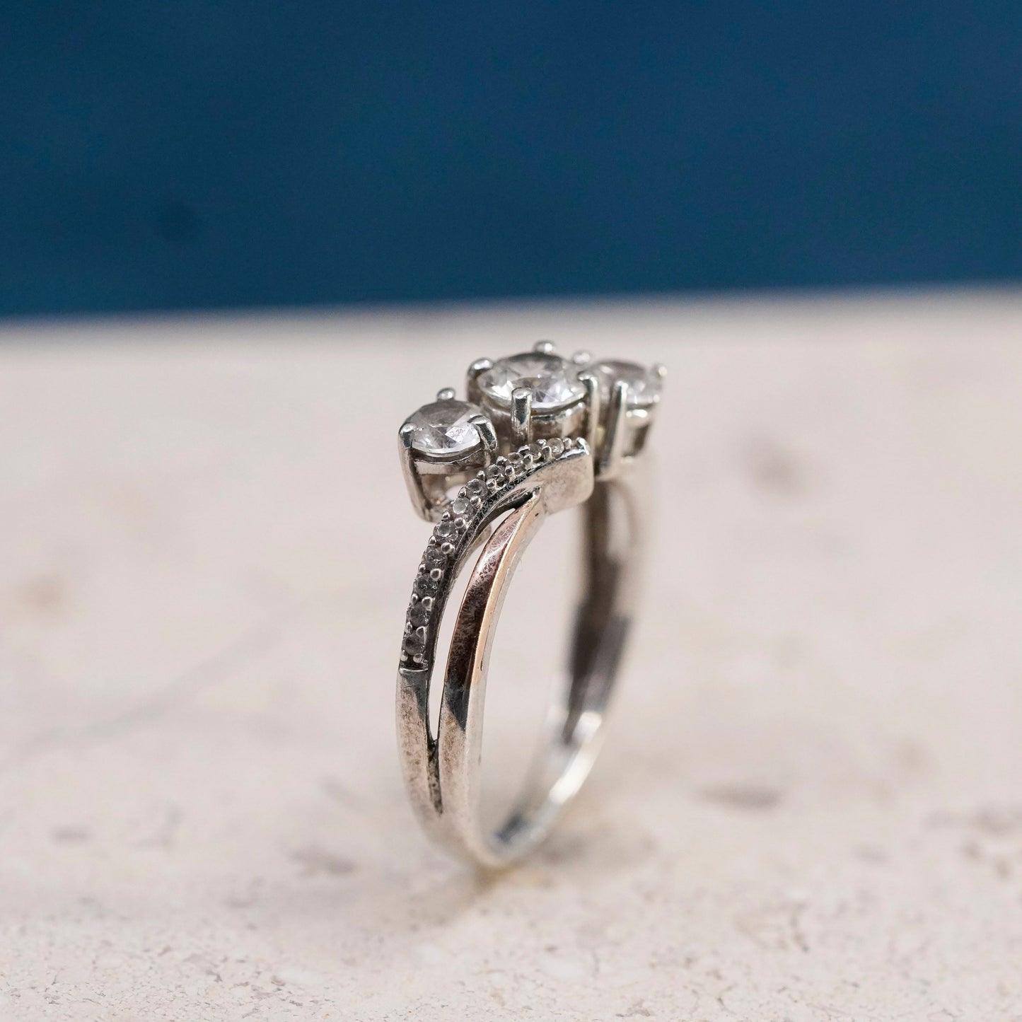 Size 7.5, vintage Sterling 925 silver engagement anniversary ring w/ cluster Cz
